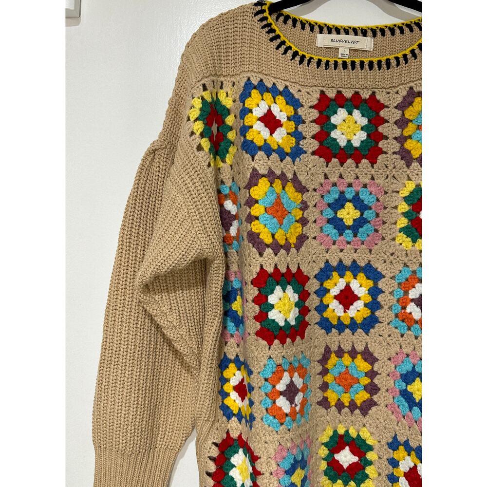 Blue Velvet Granny Square Knit Long Sleeve Sweater Mocha Multicolor Small NWT - Picture 5 of 15
